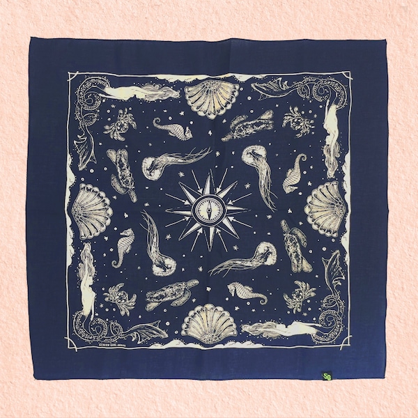 Mermaid and sea creatures - vintage illustrations screen printed | 100% cotton scarf / bandana