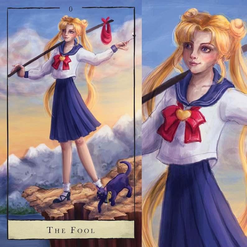 May include: Illustration of a character in a white sailor top with a blue skirt, holding a staff with a red bag. A black cat with a yellow collar is at the character's feet. The card reads "The Fool" at the bottom.
