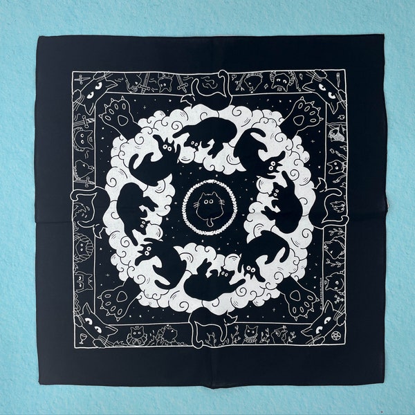 Into the void | hand printed cotton scarf | cute black cat illustrations | cats in space | screen printed | 100% cotton scarf / bandana