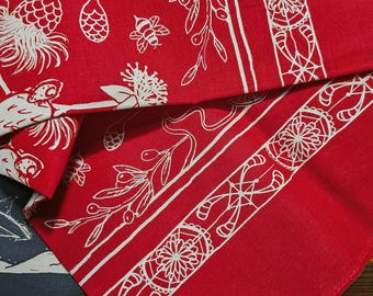 Red Mediterranean Botanical Hand-printed bandana | Plants, Insects, Lace Design |  Pure Cotton | Vintage Illustration Style