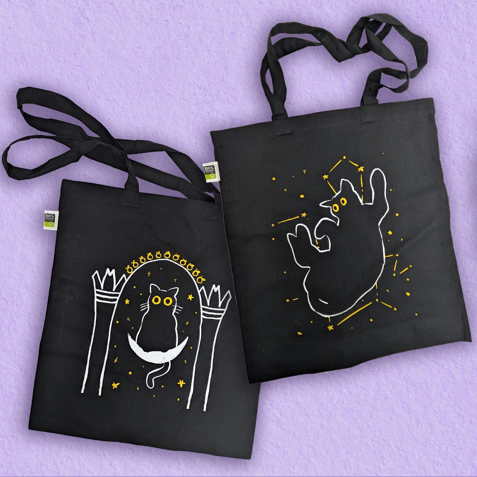 Hand Printed Tote Bag, Lucky Black Cat, Into the Void, Tarot Card Design, Witchy Gifts, Tote Bag Gift, Divination, Tarot Reader Gifts