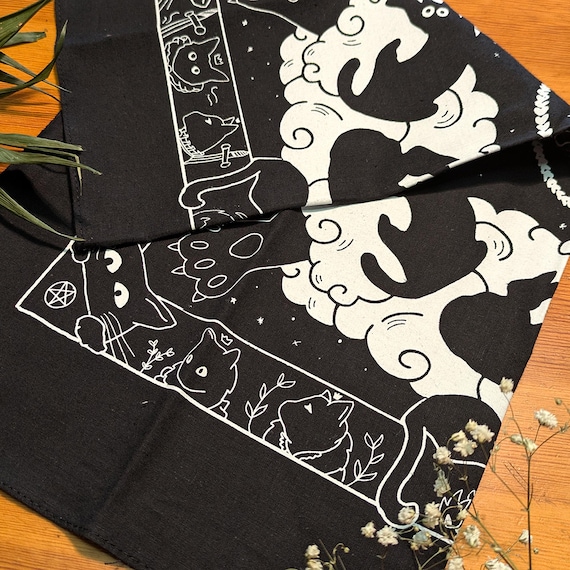 Lucky Black Cat Bandana | Witchy Cotton Altar Cloth | Tarot Inspired Headscarf | Hand made Cat Lover Pagan Gift