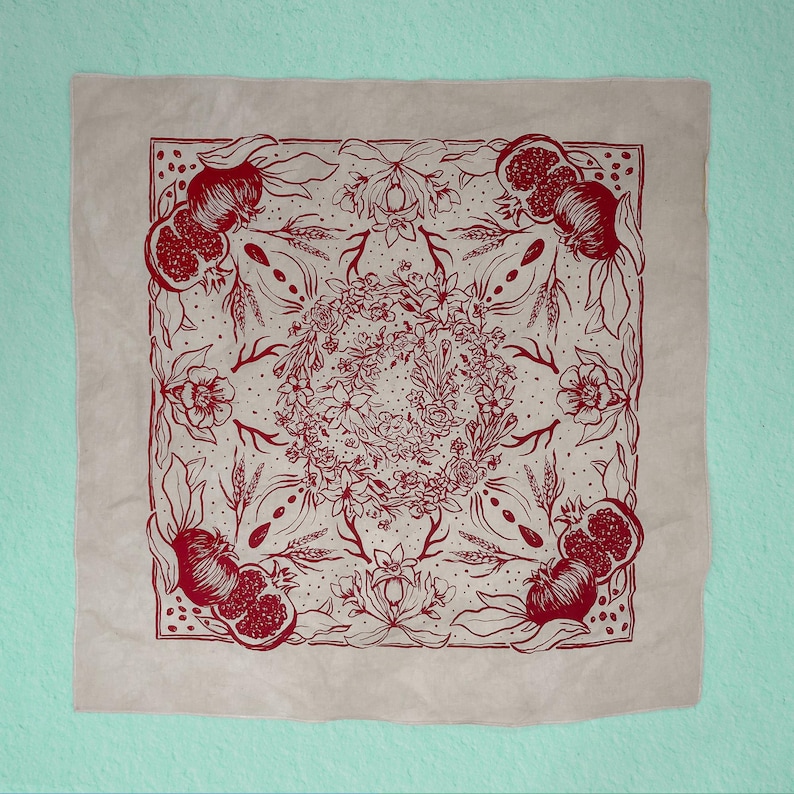 Persephone Goddess Bandana | Pomegranate Witch Altar Cloth | Cotton Headscarf Veiling | Handmade Dark Feminine Gift Stone hand dyed