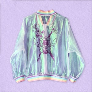 Magical girl boy iridescent organza hand printed bomber jacket