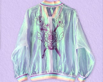 Magical girl boy iridescent organza hand printed bomber jacket