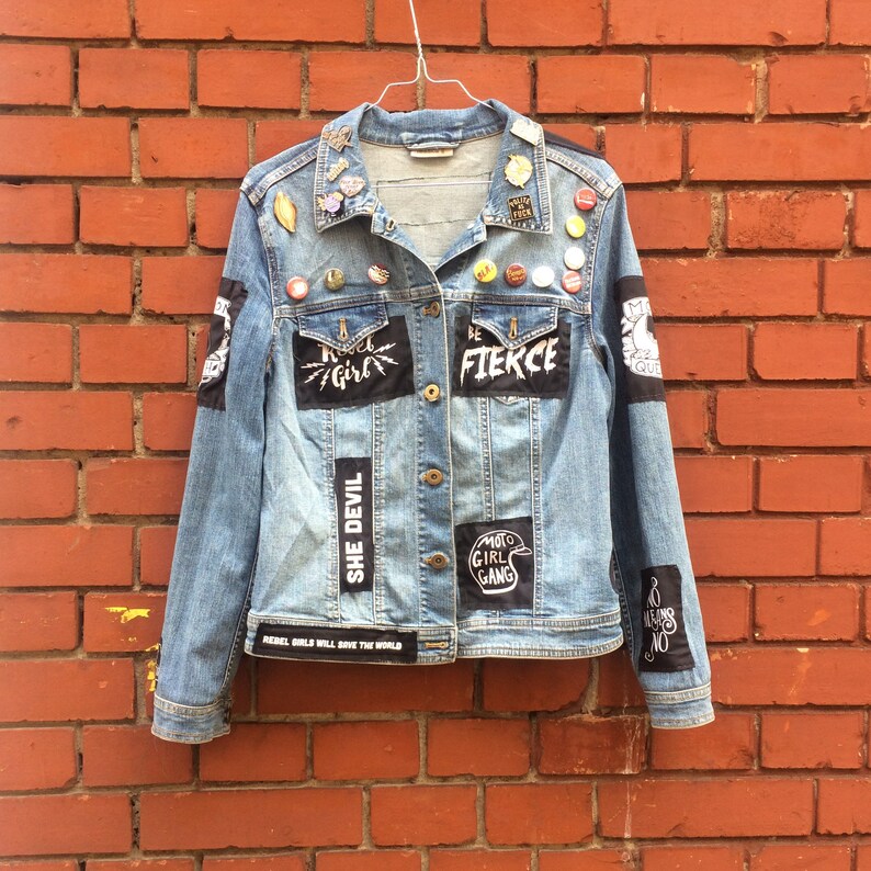 Custom sewn denim jacket with patches and enamel pins Etsy