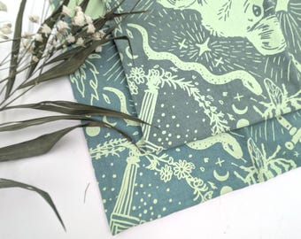 Green Brigid Goddess Elemental Illustration Cotton Scarf  | Hand-Printed Pure Cotton Bandana | Witch Altar Cloth