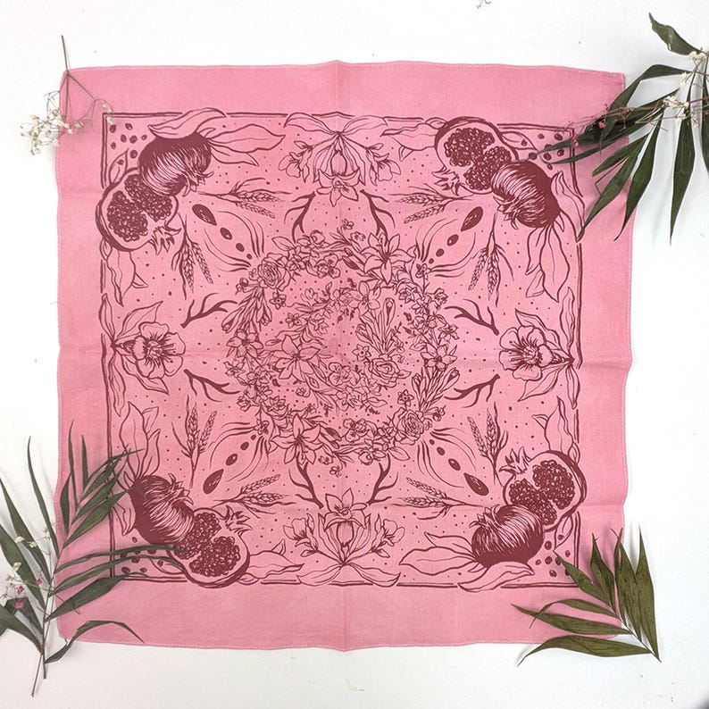 Persephone Goddess Bandana | Pomegranate Witch Altar Cloth | Cotton Headscarf Veiling | Handmade Dark Feminine Gift Pink Hand Dyed