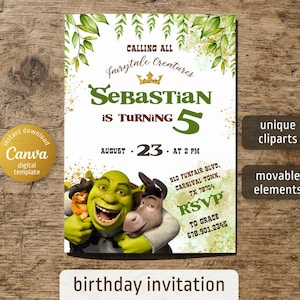 Op de afbeelding: Een verjaardagsuitnodiging met groene bladeren aan de bovenkant, een gouden kroon en de tekst Calling All Fairytale Creatures, Sebastian is Turning 5, August 23 at 2 PM. Het ontwerp bevat Shrek, Ezel en de Gelaarsde Kat met evenementdetails.