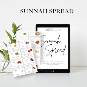 May include: A digital tablet displaying the text Sunnah Spread and a Quranic verse, alongside a printed card featuring illustrations and names of various foods like honey, dates, olives, and grapes, with Arabic calligraphy and English descriptions.