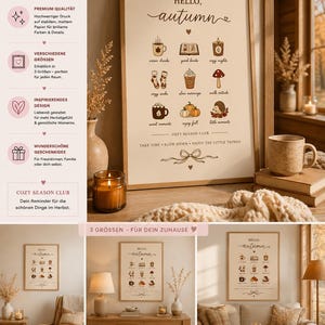 May include: A framed wall poster with a cream background featuring the text HELLO, autumn and illustrations of seasonal items like mugs, books, candles, socks, and pumpkins. The text COZY SEASON CLUB and TAKE TIME, SLOW DOWN, ENJOY THE LITTLE THINGS is included.