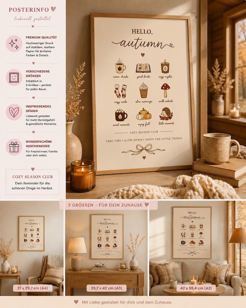 May include: A framed wall poster with a cream background featuring the text HELLO, autumn and illustrations of seasonal items like mugs, books, candles, socks, and pumpkins. The text COZY SEASON CLUB and TAKE TIME, SLOW DOWN, ENJOY THE LITTLE THINGS is included.