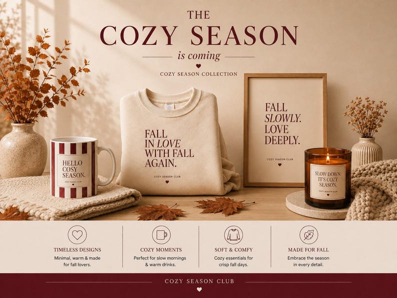 May include: A beige sweatshirt with the text FALL IN LOVE WITH FALL AGAIN, a mug with red stripes and the text HELLO COSY SEASON, a framed print with the text FALL SLOWLY. LOVE DEEPLY., and a candle with the text SLOW DOWN IT'S COZY SEASON.