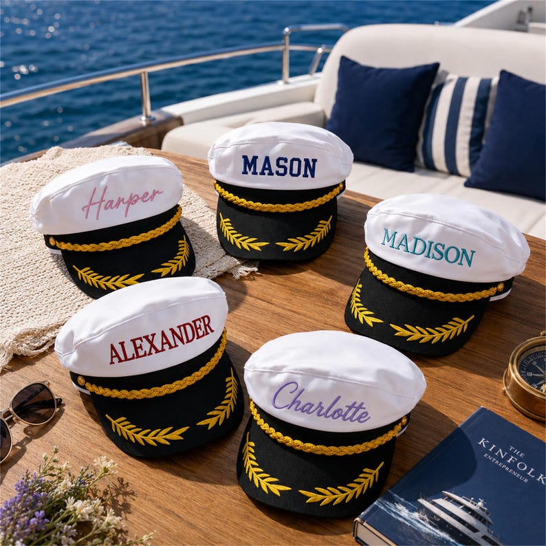 May include: Five white and black captain hats with gold braided trim and yellow embroidered laurel leaves on the brim. Each hat features a personalized name embroidered in different colors: Harper, Mason, Madison, Alexander, and Charlotte.