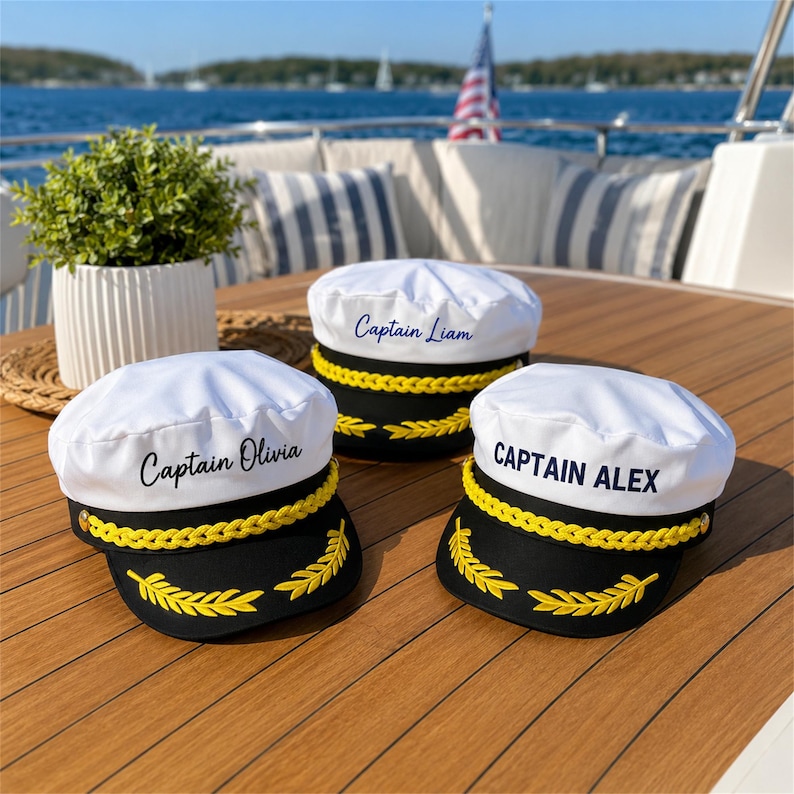 Personalized Embroidered Captain Hat, Custom Boat Captain Hat, Nautical Party Hat, Beach Vacation Gift, Birthday Captain, Yacht Accessories image 3