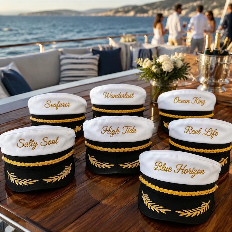 May include: A collection of seven white and black nautical caps featuring gold braided trim and embroidered text including Seafarer, Wanderlust, Ocean King, Salty Soul, High Tide, Reel Life, and Blue Horizon, arranged on a wooden table.