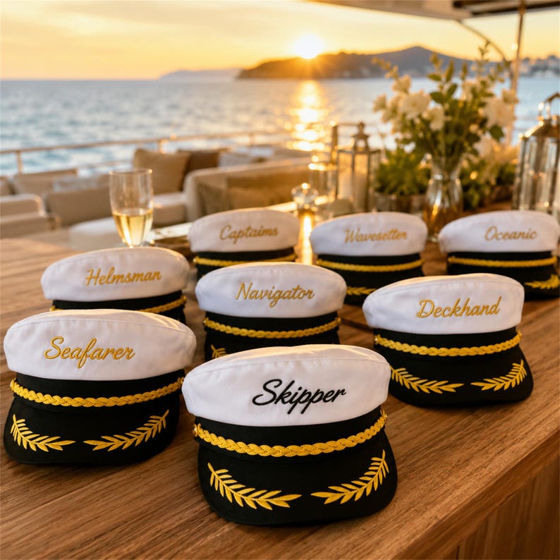 May include: A collection of white and black nautical caps featuring gold embroidered trim and gold lettering. Each cap displays a unique title including Seafarer, Helmsman, Captains, Navigator, Skipper, Wavesetter, Deckhand, and Oceanic.