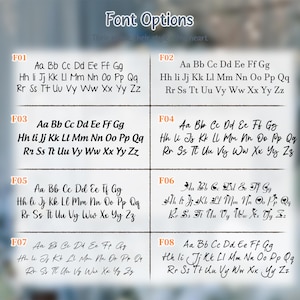 May include: A font selection chart titled Font Options displaying eight distinct black typeface styles labeled F01 through F08. Each option presents the full uppercase and lowercase English alphabet from Aa to Zz, showcasing varied serif, sans-serif, and script lettering designs.