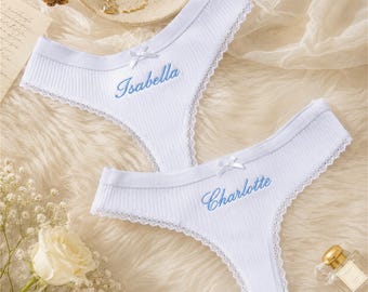 Personalized Embroidered Cotton Thong, Custom Bridal Underwear • Wedding Lingerie • Bachelorette Gift • Honeymoon Keepsake