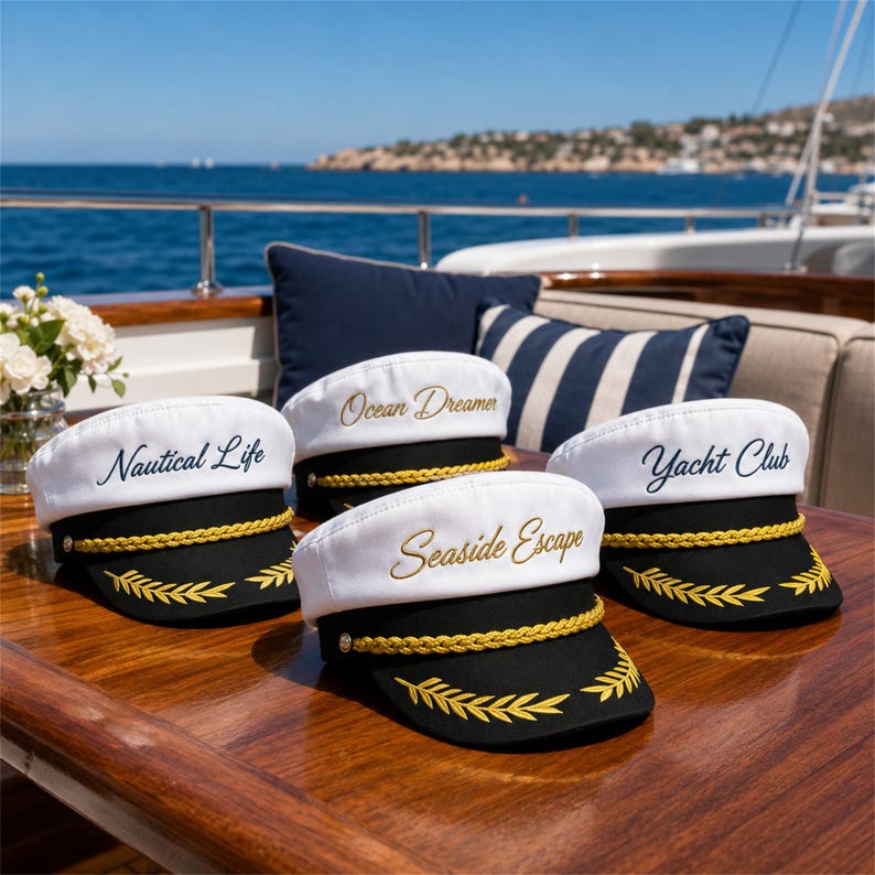 May include: Four white and black captain hats featuring gold braided trim and embroidered gold laurel leaves on the brim. Each hat displays unique cursive text: Nautical Life, Ocean Dreamer, Seaside Escape, and Yacht Club in gold embroidery.