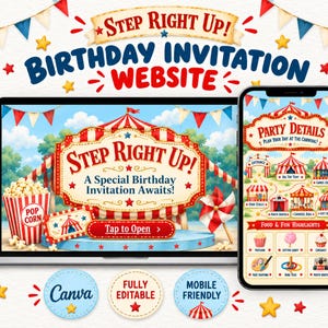 Peut inclure: Un modèle de site web d'invitation d'anniversaire affiché sur un écran d'ordinateur portable et de smartphone. Le design présente un thème de carnaval avec des tentes rayées rouge et blanc, du pop-corn et le texte Step Right Up.