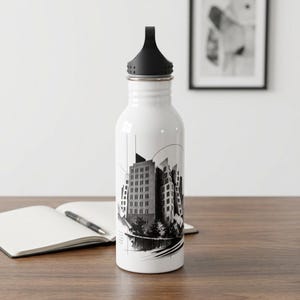 May include: A white stainless steel water bottle with a black screw-top lid. The bottle features a black and white graphic illustration of a city skyline with tall buildings, geometric lines, and abstract shapes printed on the front surface.