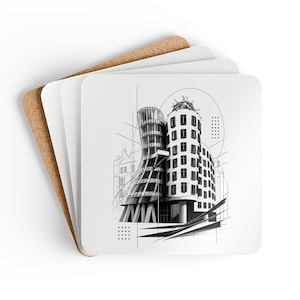 Coasters Set of 4 | Prague Dancing House | Frank Gehry Architectural Graphic Home Decor