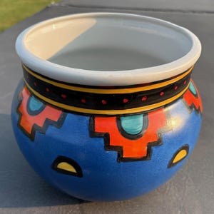 Vintage Ecco Terra Porcelain Planter 8" Hand Painted Cachepot Southwestern Motif Boho Decor Indoor Plant Bowl