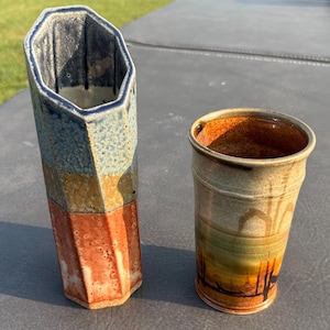 Vintage 1980s Studio Art Pottery Vase Set - 2 Piece Curated Collection - 1981 Hope Pottery Kalamazoo MI & Tall Faceted Slab Geometric Vase