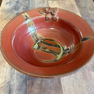 Vintage Signed Mona Studio Pottery Bowl 8.75" Hand Thrown Rust Red Speckled Stoneware Floral Centerpiece