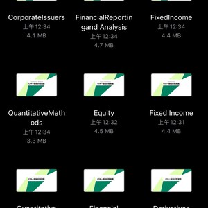 May include: A digital file interface displaying a grid of document icons labeled CFA, each featuring a white and green geometric design. The text labels include Corporate Issuers, Financial Reporting and Analysis, Fixed Income, and Quantitative Methods.