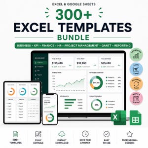 Puede incluir: Un paquete digital de más de 300 plantillas de Excel y Google Sheets que muestra una computadora portátil, una tableta y un teléfono inteligente con paneles financieros, gráficos de tendencias de ingresos y seguimiento de proyectos.