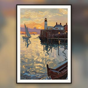 Golden Lighthouse Pier Sunset Printable Wall Art, Swirling Gold Water, Gilded Harbor