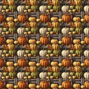 Puede incluir: Un patrón repetitivo de calabazas naranjas, blancas y verdes dispuestas sobre una valla de madera. Las calabazas varían en tamaño y color, intercaladas con pequeñas hojas naranjas y postes de madera marrón.