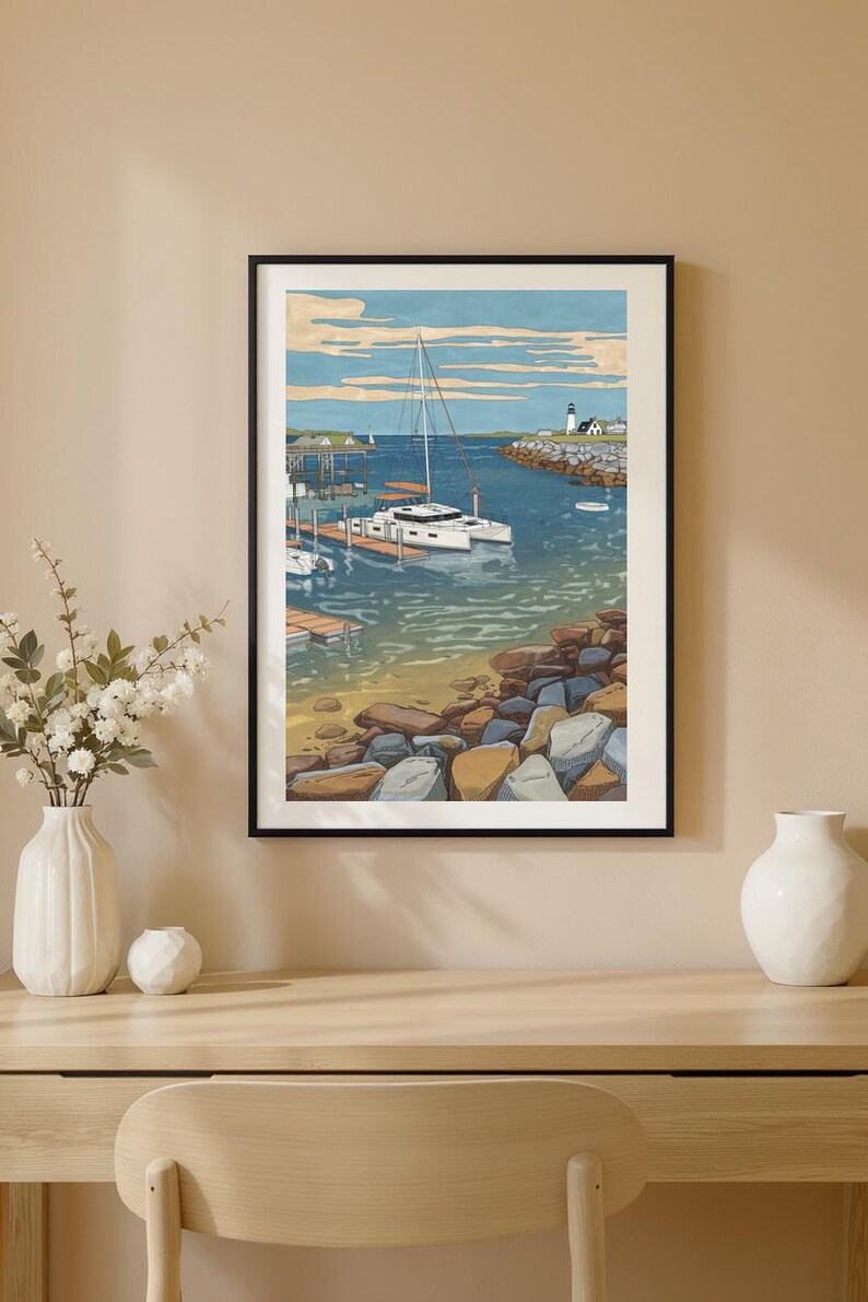 Lighthouse Jetty Catamaran Marina Print, Rocky Breakwater Harbor, Cape ...