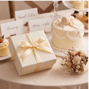 May include: A square cream-coloured gift box tied with a matching polka-dot satin ribbon, positioned next to a small round cake decorated with white icing, a macaron, and a bouquet of dried flowers, with place cards labelled Hand Letter and Mini-cake.