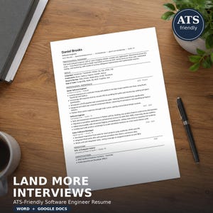May include: A white resume document for a software engineer named Daniel Brooks, featuring sections for professional summary, skills, experience, education, and certifications. A black pen rests on the right side of the paper.
