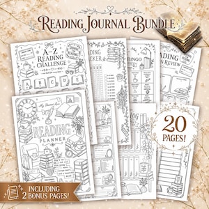 May include: A reading journal bundle featuring 20 pages of black and white printable sheets with illustrations of books, clocks, plants, and cozy furniture. The text includes Reading Journal Bundle, A-Z Reading Challenge, and Reading Planner.