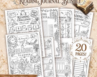 May include: A reading journal bundle featuring 20 pages of black and white printable sheets with illustrations of books, clocks, plants, and cozy furniture. The text includes Reading Journal Bundle, A-Z Reading Challenge, and Reading Planner.