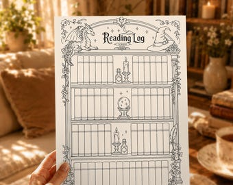 May include: A printable reading log journal page featuring a black and white line art illustration of a bookshelf with four shelves, a dragon, a witch hat, candles, potion bottles, and a crystal ball. The text reads Reading Log 50 Books.