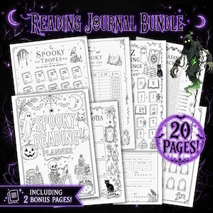 May include: A reading journal bundle featuring 20 pages of black and white printable sheets with spooky illustrations like ghosts, pumpkins, cats, and skulls. The text includes "Spooky Reading Planner," "Spooky Tropes," and "20 Pages!" with bonus pages.
