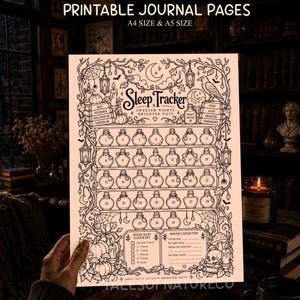 May include: A printable sleep tracker journal page featuring a black line art design on a light peach background. The page includes a grid of thirty-one numbered potion bottles, a monthly reflection section, and a sleep duration color key.