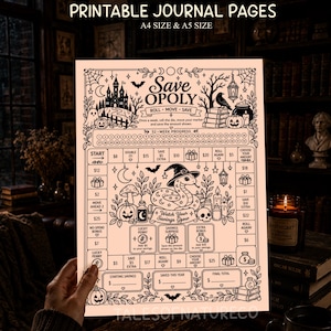 May include: A printable Save-Opoly savings tracker board game page featuring a black and white illustration of a haunted castle, a snake wearing a witch hat, pumpkins, and mushrooms. The text includes Save-Opoly, Roll-Move-Save, and 52-Week Progress.