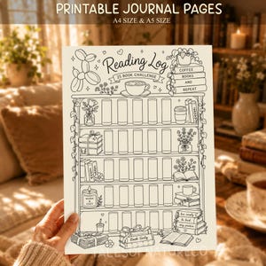 May include: A printable reading log page featuring a bookshelf illustration with 25 blank book outlines for a challenge. The design includes decorative elements like a balloon animal, potted plants, stacks of books, and a coffee cup. Text reads Reading Log, 25 Book Challenge, Coffee Books and Repeat, Warm and Cozy, and Book Girly.