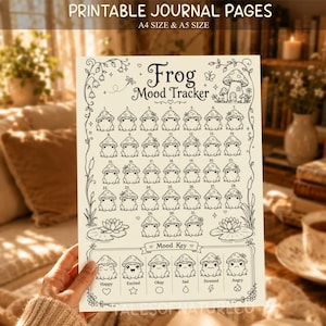 May include: A printable journal page featuring a Frog Mood Tracker with 31 numbered frog illustrations wearing mushroom hats, surrounded by botanical line art. The bottom section includes a mood key with six frog icons labeled Happy, Excited, Okay, Sad, Stressed, and Angry, each paired with a unique symbol.