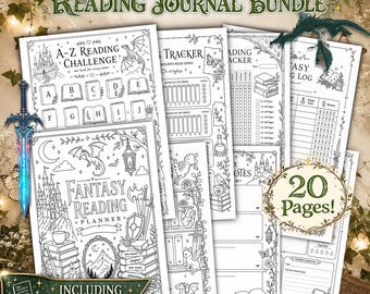 May include: A reading journal bundle featuring 20 pages of black and white printable sheets with fantasy-themed illustrations including dragons, castles, swords, and books. The text includes Reading Journal Bundle, A-Z Reading Challenge, and Fantasy Reading Planner.