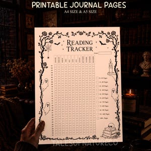 May include: A printable reading tracker journal page featuring a black ink design on a light background. The border includes roses, vines, a spider web, ghosts, a candle, and a stack of books with a skull. It includes columns for months and days.