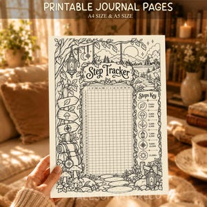 May include: A printable journal page featuring a black and white line art step tracker. The design includes a central grid for tracking steps by month and day, surrounded by nature-themed illustrations like trees, lanterns, and a path. Text includes Step Tracker and a Steps Key with icons.