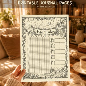 May include: A cream-colored printable habit tracker journal page featuring black line art of a castle, mountains, and floral borders. The page includes a grid for thirty-one days, months of the year, and five blank rectangular fields.
