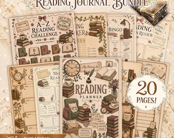 May include: A reading journal bundle featuring 20 pages of vintage-style stationery. The collection includes an A-Z reading challenge, a reading planner, bingo cards, and book lists, all decorated with illustrations of books, clocks, and cozy furniture.